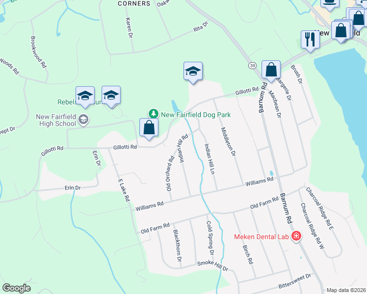 map of restaurants, bars, coffee shops, grocery stores, and more near 22 Indian Hill Road in New Fairfield