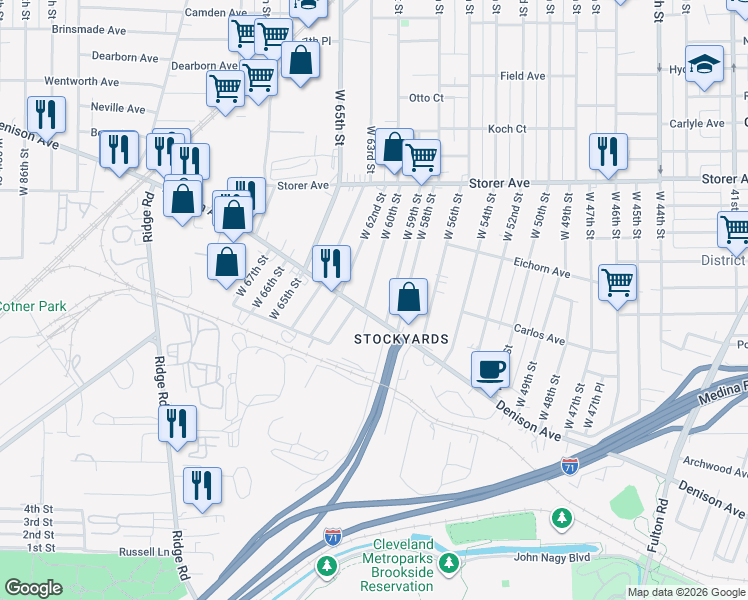 map of restaurants, bars, coffee shops, grocery stores, and more near 5922 Denison Avenue in Cleveland