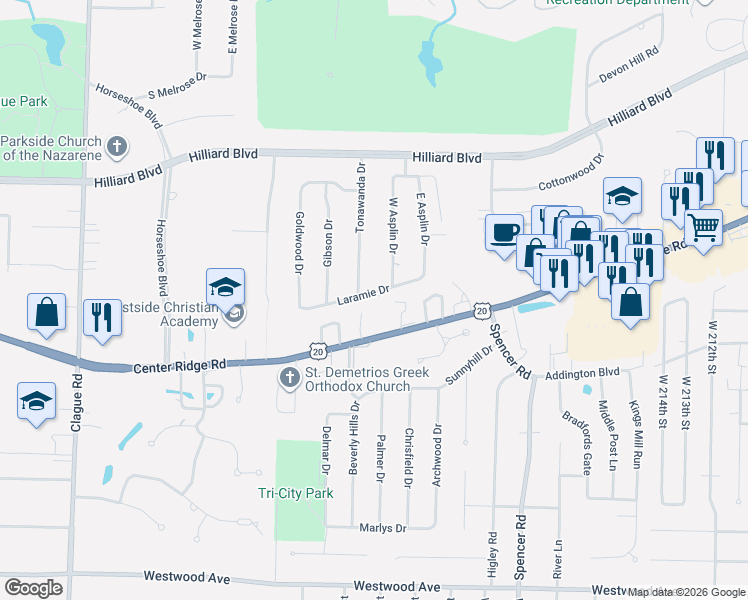 map of restaurants, bars, coffee shops, grocery stores, and more near 22677 Laramie Drive in Rocky River