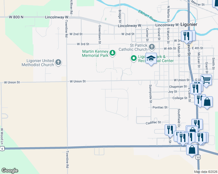 map of restaurants, bars, coffee shops, grocery stores, and more near 804 Carol Drive in Ligonier