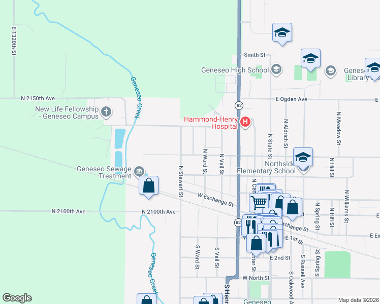 map of restaurants, bars, coffee shops, grocery stores, and more near 501-545 N Florence St in Geneseo