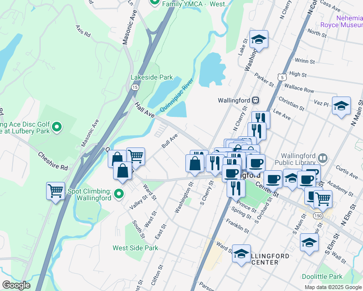 map of restaurants, bars, coffee shops, grocery stores, and more near 24 Maple Ave in Wallingford