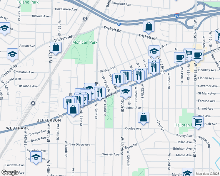 map of restaurants, bars, coffee shops, grocery stores, and more near 3461 West 132nd Street in Cleveland