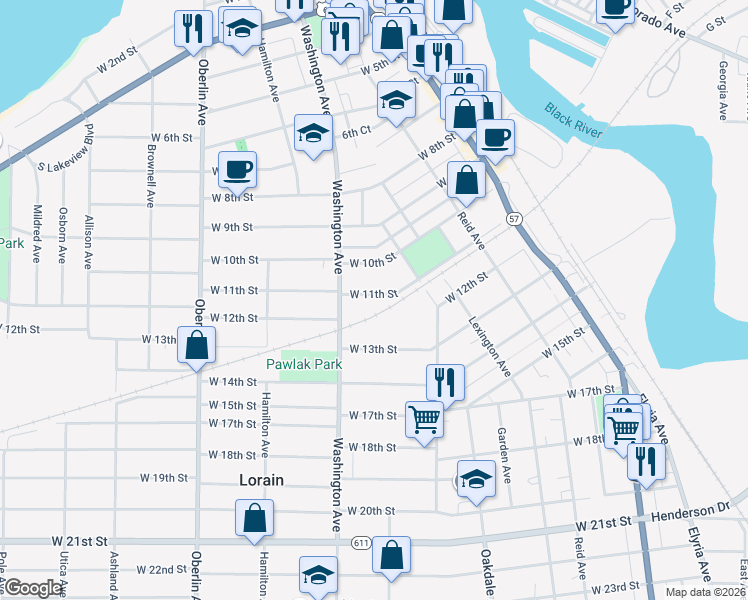 map of restaurants, bars, coffee shops, grocery stores, and more near 905 West 11th Street in Lorain