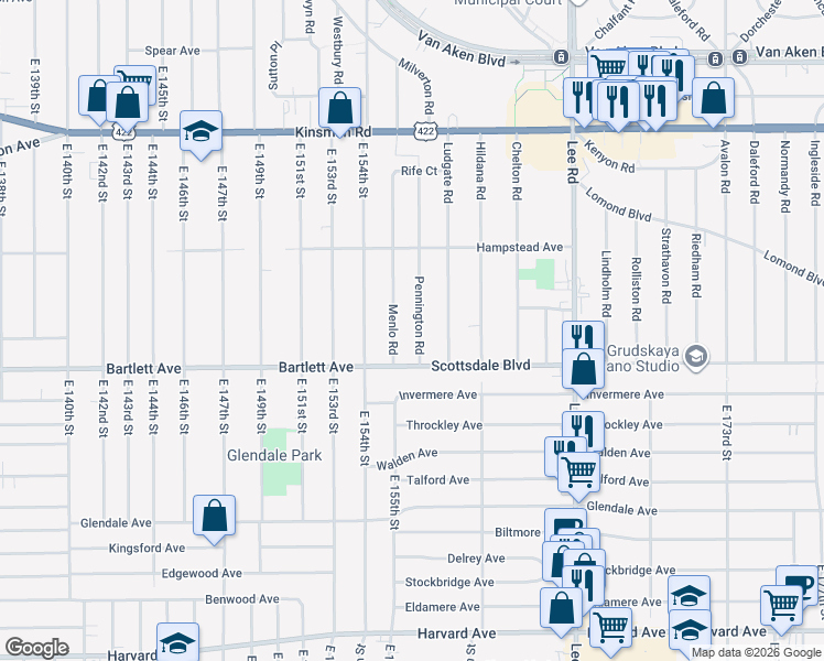 map of restaurants, bars, coffee shops, grocery stores, and more near 3718 Pennington Road in Shaker Heights
