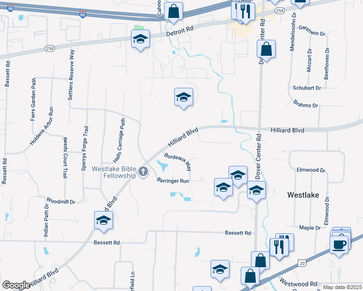 map of restaurants, bars, coffee shops, grocery stores, and more near 27905 Hilliard Blvd in Westlake