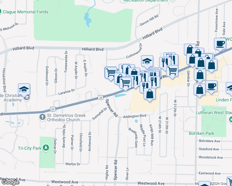 map of restaurants, bars, coffee shops, grocery stores, and more near 22160 Center Ridge Road in Rocky River