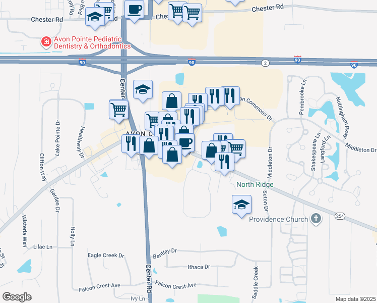 map of restaurants, bars, coffee shops, grocery stores, and more near 35825 Detroit Road in Avon