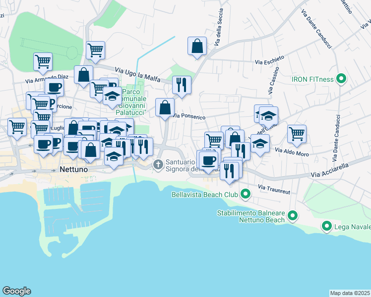 map of restaurants, bars, coffee shops, grocery stores, and more near 4 Via Ponza in Nettuno