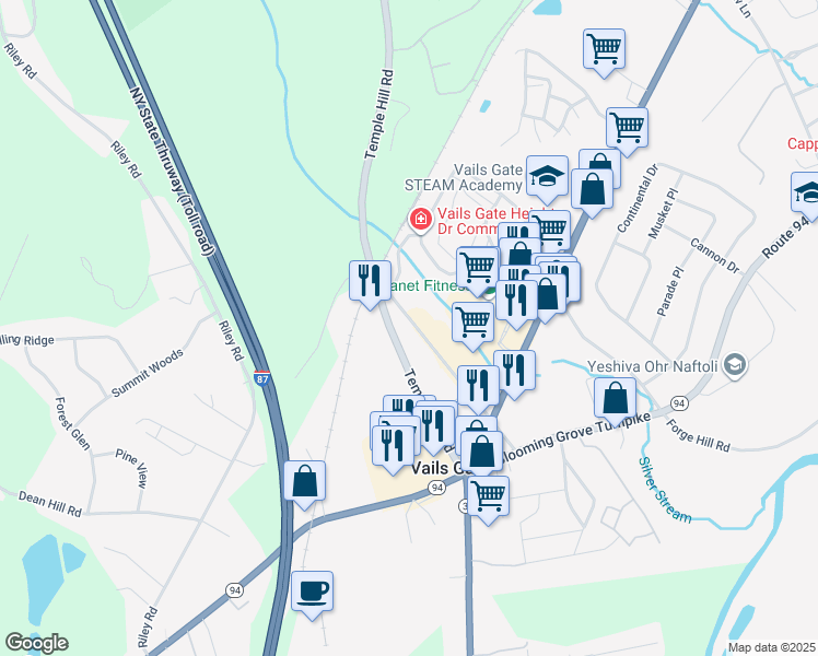 map of restaurants, bars, coffee shops, grocery stores, and more near 59 Old Temple Hill Road in New Windsor