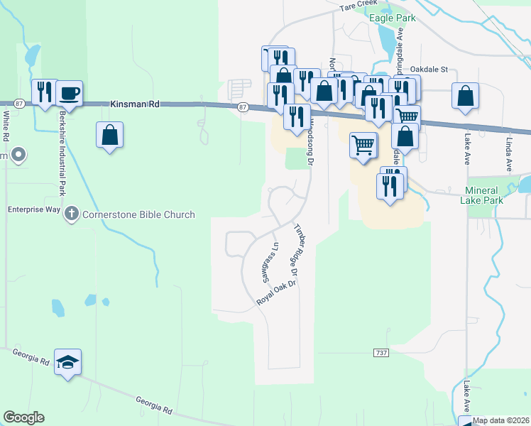 map of restaurants, bars, coffee shops, grocery stores, and more near 15372 Penny Lane in Middlefield