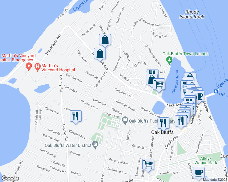 map of restaurants, bars, coffee shops, grocery stores, and more near 66 Simpson Avenue in Oak Bluffs