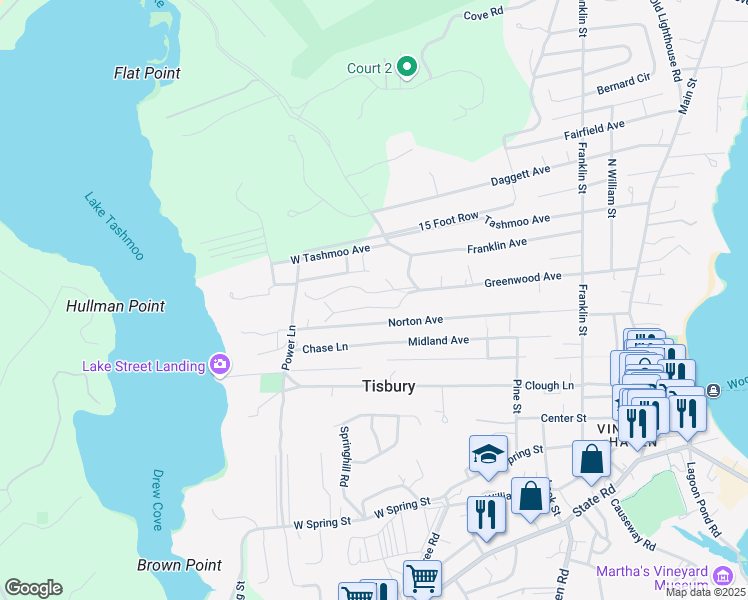 map of restaurants, bars, coffee shops, grocery stores, and more near 271 Greenwood Avenue in Tisbury