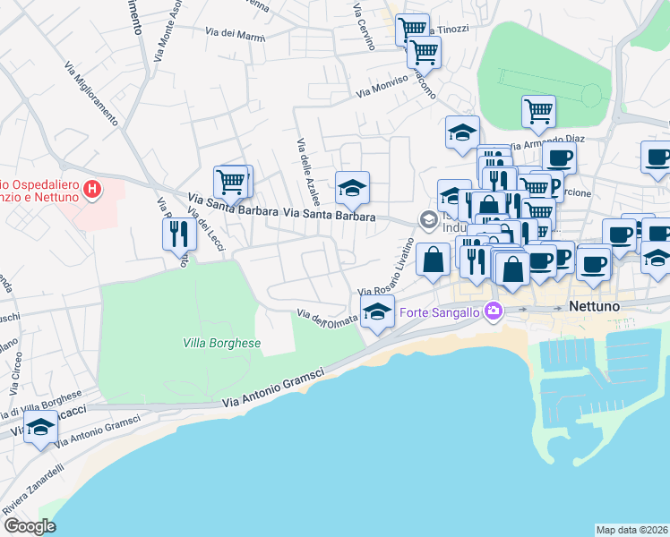 map of restaurants, bars, coffee shops, grocery stores, and more near 5 Via Zaccaria Negroni in Nettuno