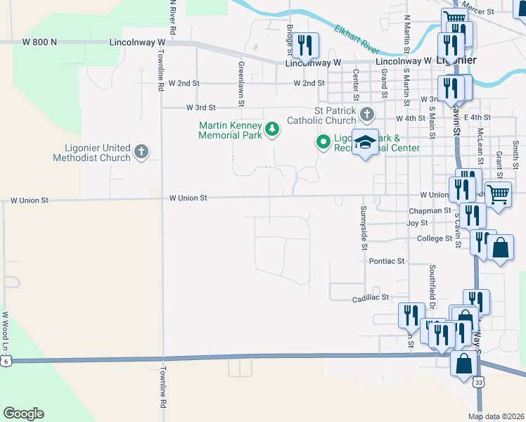 map of restaurants, bars, coffee shops, grocery stores, and more near 804 Carol Drive in Ligonier