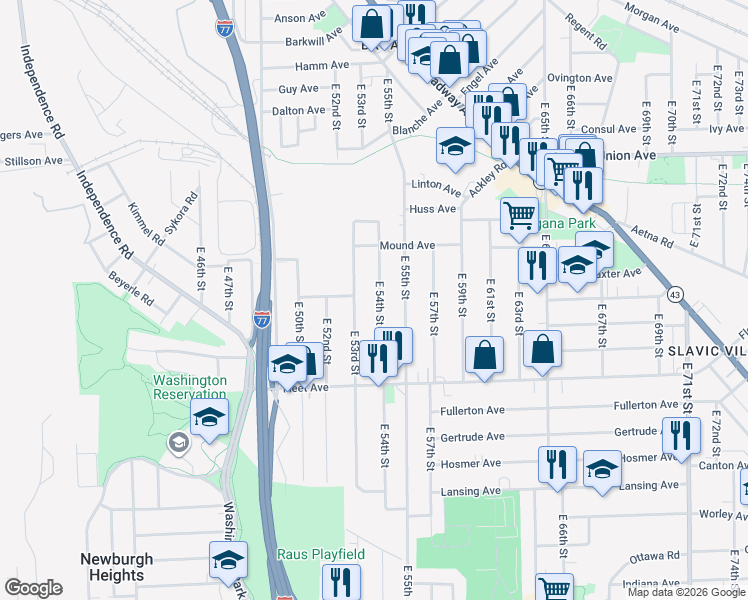 map of restaurants, bars, coffee shops, grocery stores, and more near 3666 East 54th Street in Cleveland