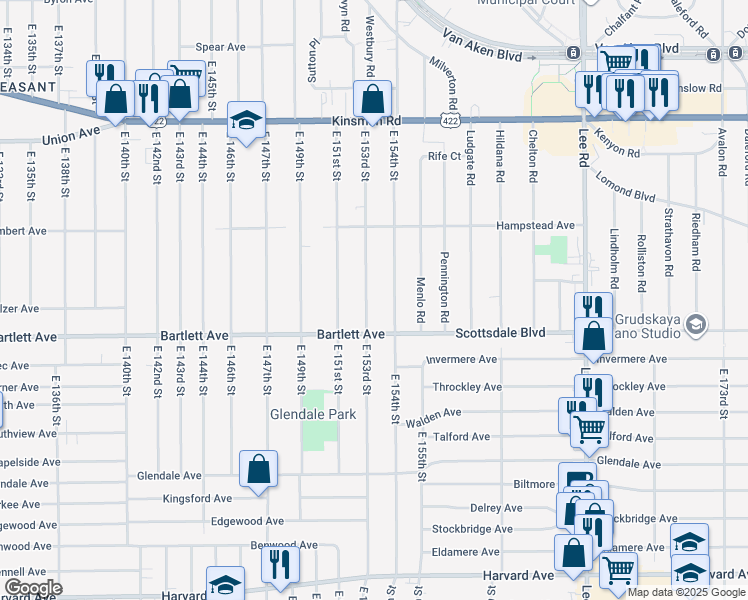 map of restaurants, bars, coffee shops, grocery stores, and more near 3705 East 153rd Street in Cleveland