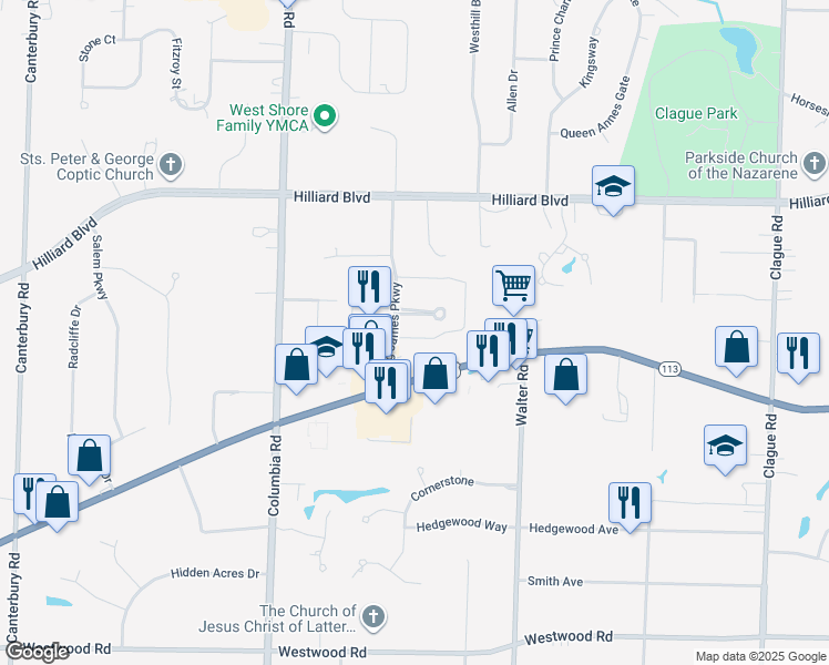 map of restaurants, bars, coffee shops, grocery stores, and more near 2021 King James Parkway in Westlake