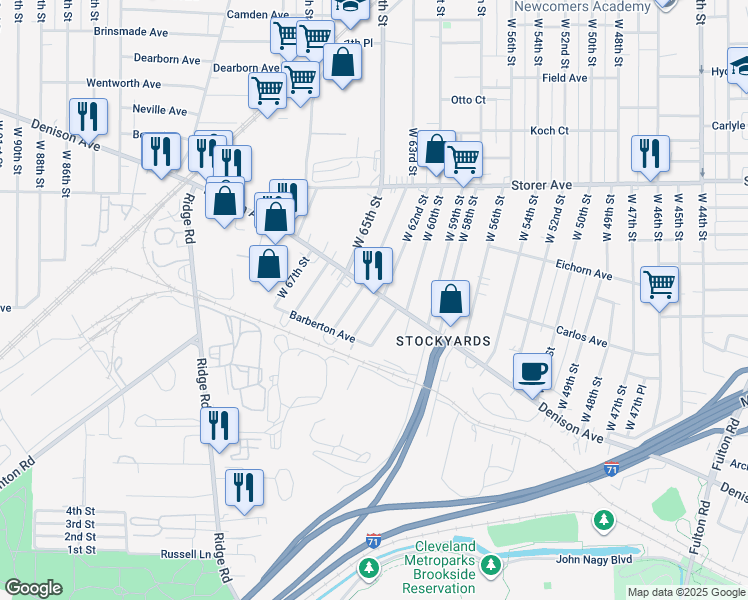 map of restaurants, bars, coffee shops, grocery stores, and more near 3532 West 62nd Street in Cleveland
