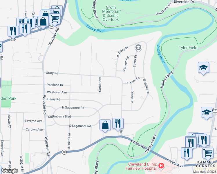 map of restaurants, bars, coffee shops, grocery stores, and more near 4030 Thomas Lane in Fairview Park
