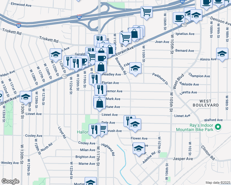 map of restaurants, bars, coffee shops, grocery stores, and more near 11405 Governor Avenue in Cleveland
