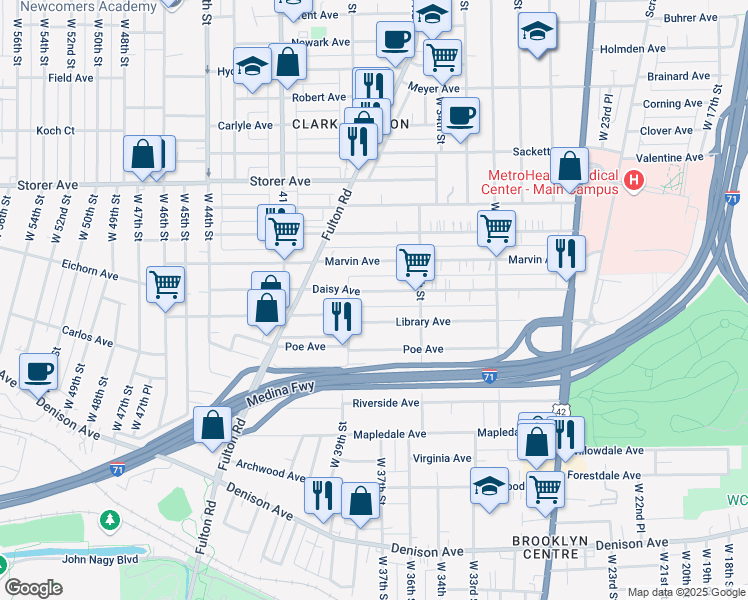 map of restaurants, bars, coffee shops, grocery stores, and more near 3713 Daisy Avenue in Cleveland