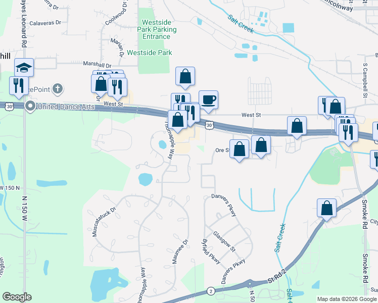 map of restaurants, bars, coffee shops, grocery stores, and more near 1001-1099 Vanderburgh Dr in Valparaiso