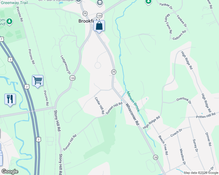 map of restaurants, bars, coffee shops, grocery stores, and more near 2 White Pine Drive in Brookfield