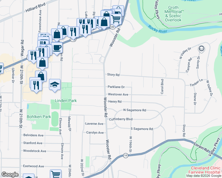 map of restaurants, bars, coffee shops, grocery stores, and more near 19855 Parklane Drive in Rocky River