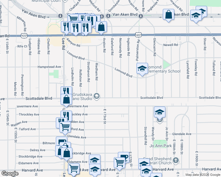 map of restaurants, bars, coffee shops, grocery stores, and more near 3718 Daleford Road in Shaker Heights