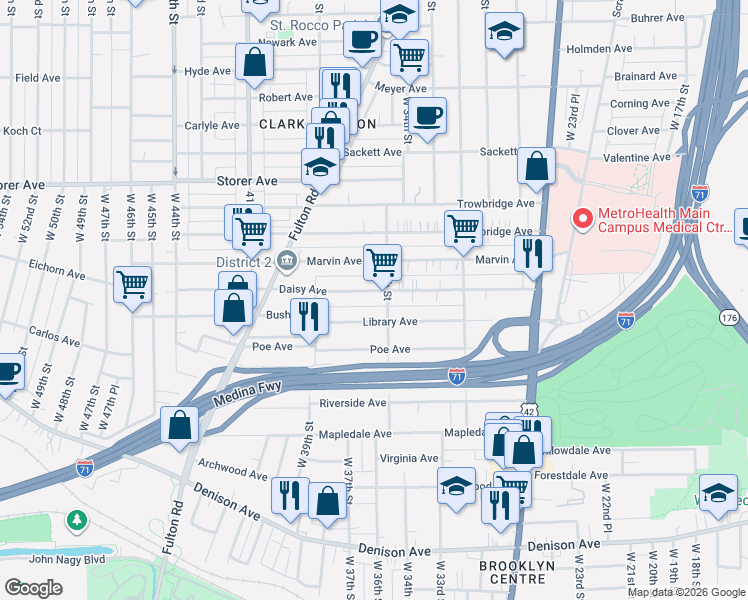map of restaurants, bars, coffee shops, grocery stores, and more near 3516 Library Avenue in Cleveland