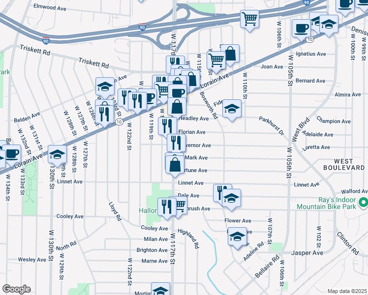 map of restaurants, bars, coffee shops, grocery stores, and more near 11521 Governor Avenue in Cleveland