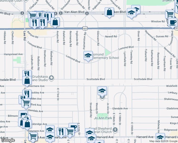 map of restaurants, bars, coffee shops, grocery stores, and more near 3718 Strandhill Road in Shaker Heights