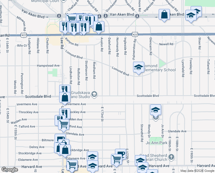 map of restaurants, bars, coffee shops, grocery stores, and more near 3718 Daleford Road in Shaker Heights