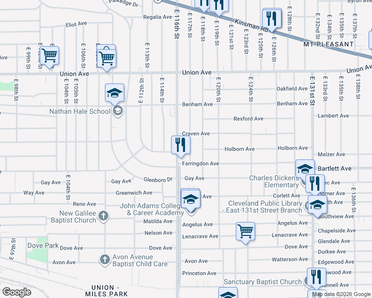 map of restaurants, bars, coffee shops, grocery stores, and more near 3687 East 117th Street in Cleveland