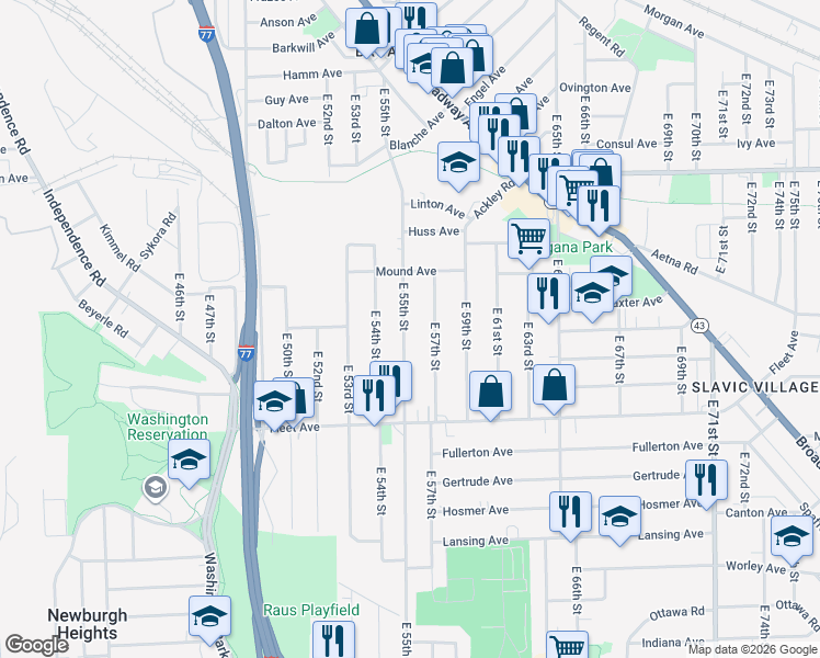map of restaurants, bars, coffee shops, grocery stores, and more near 3659 East 55th Street in Cleveland