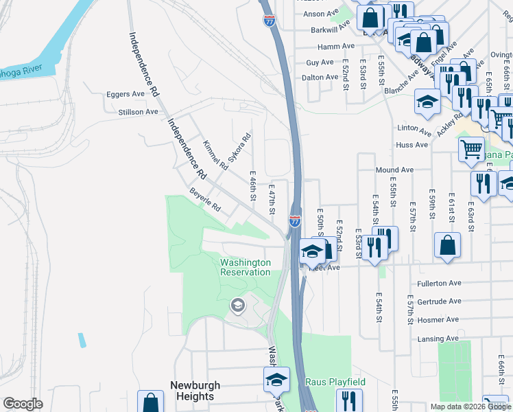 map of restaurants, bars, coffee shops, grocery stores, and more near 3628 Independence Road in Cleveland