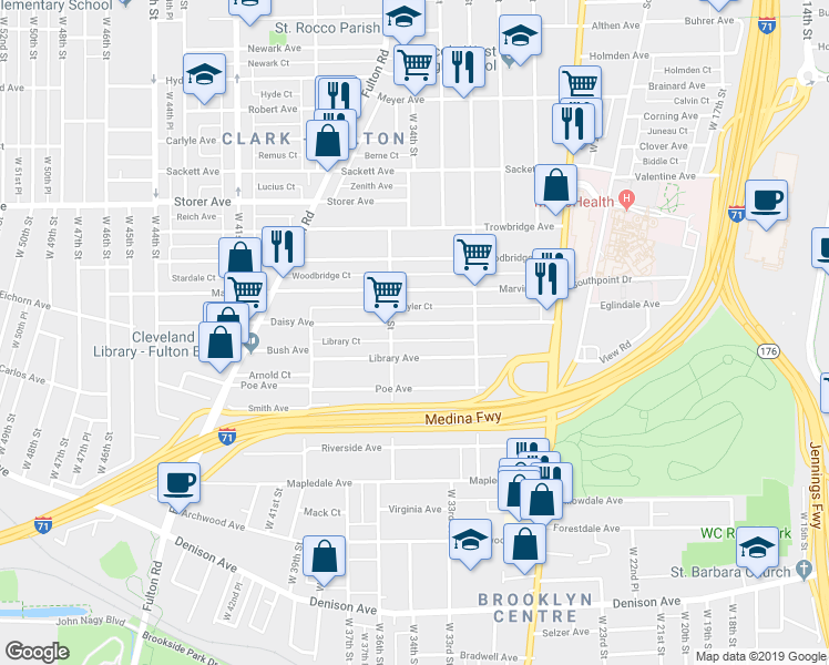 map of restaurants, bars, coffee shops, grocery stores, and more near 3409 Daisy Avenue in Cleveland
