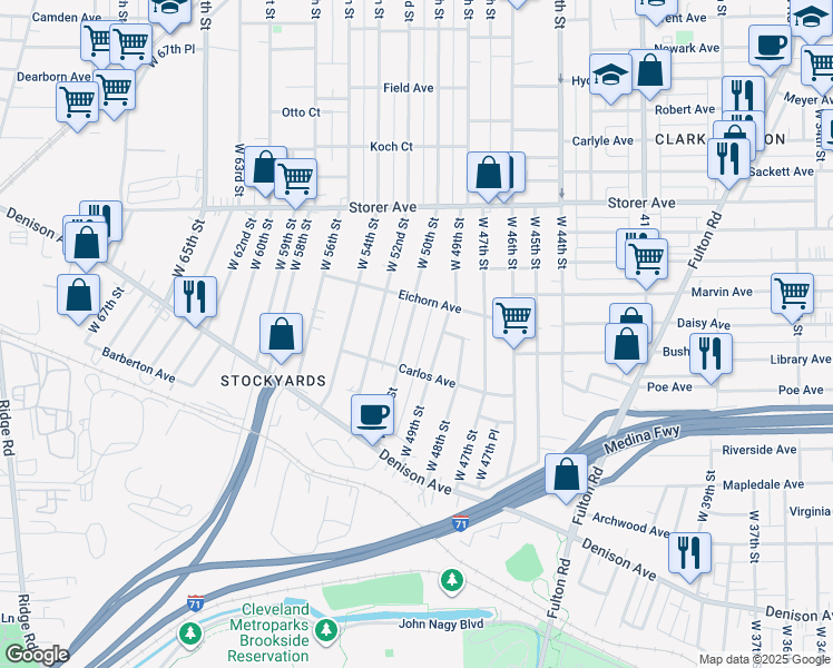 map of restaurants, bars, coffee shops, grocery stores, and more near 3520 West 49th Street in Cleveland