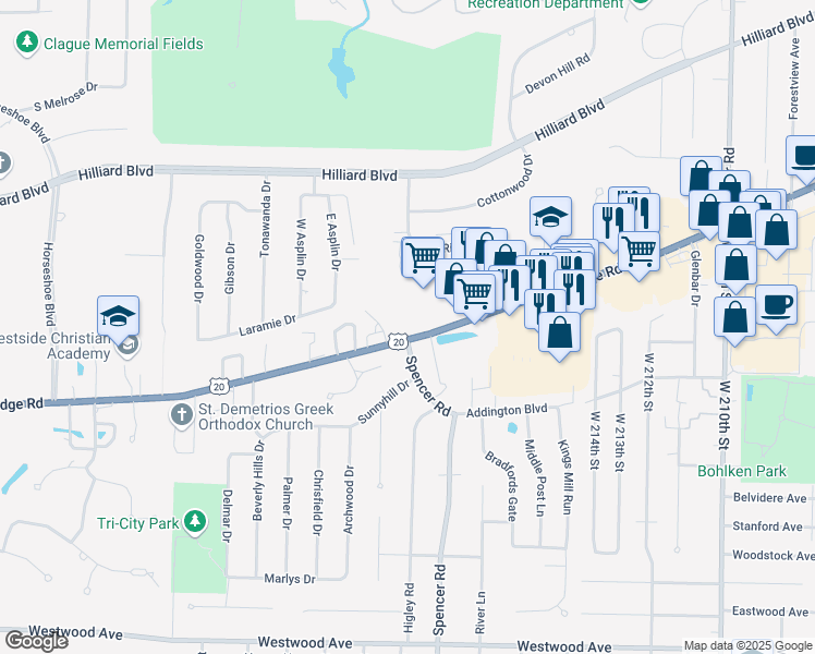 map of restaurants, bars, coffee shops, grocery stores, and more near 22232 River Walk in Rocky River