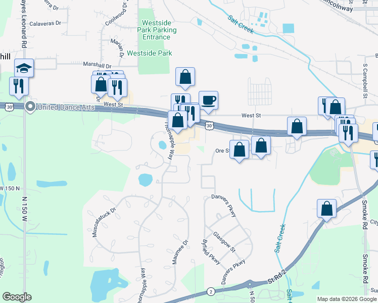 map of restaurants, bars, coffee shops, grocery stores, and more near 1001-1099 Vanderburgh Dr in Valparaiso
