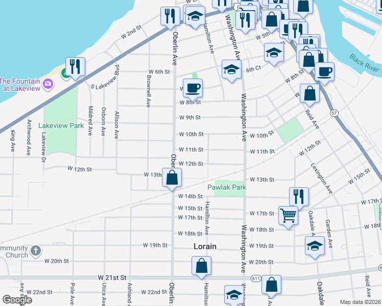 map of restaurants, bars, coffee shops, grocery stores, and more near 1129 West 11th Street in Lorain