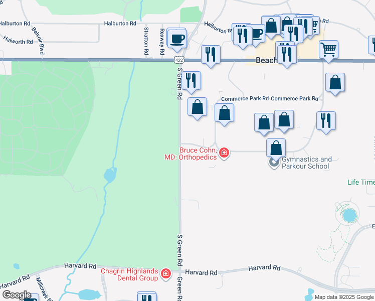map of restaurants, bars, coffee shops, grocery stores, and more near 3735 Green Road in Beachwood