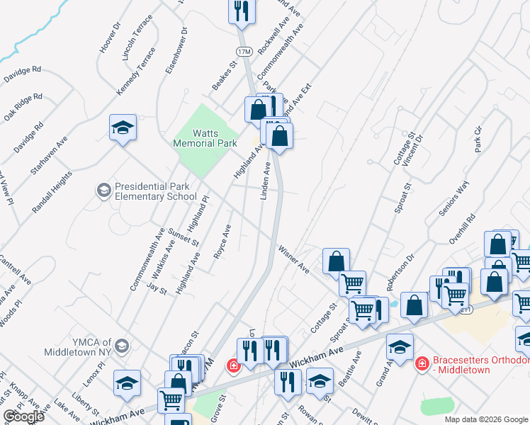 map of restaurants, bars, coffee shops, grocery stores, and more near 380 North Street in Middletown
