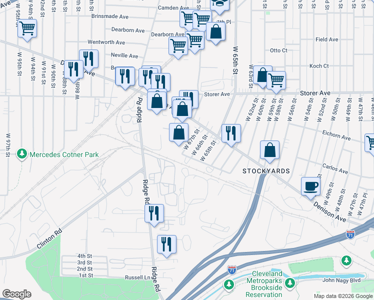 map of restaurants, bars, coffee shops, grocery stores, and more near 3583 West 67th Street in Cleveland