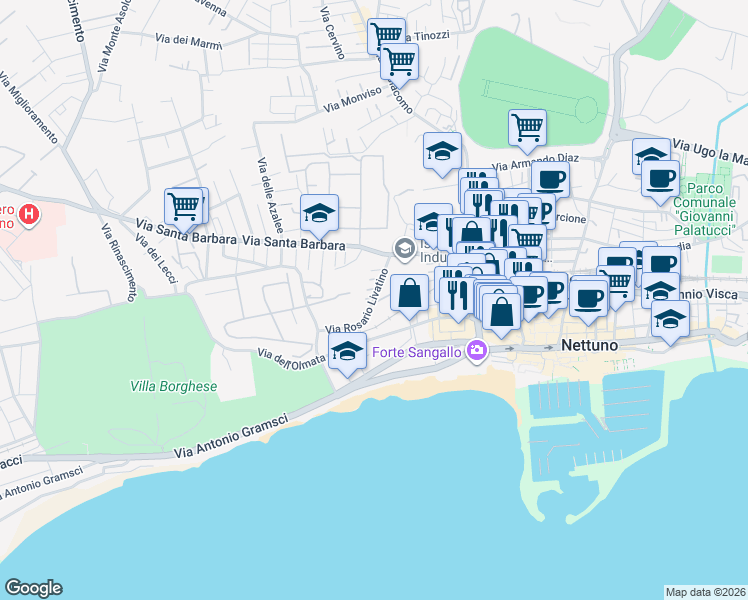 map of restaurants, bars, coffee shops, grocery stores, and more near 9B Via degli Oleandri in Nettuno