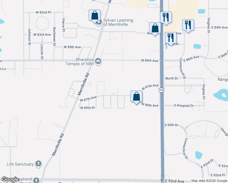 map of restaurants, bars, coffee shops, grocery stores, and more near 784 West 86th Lane in Merrillville