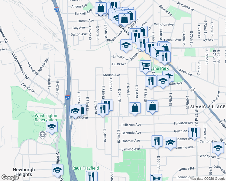 map of restaurants, bars, coffee shops, grocery stores, and more near 3659 East 55th Street in Cleveland