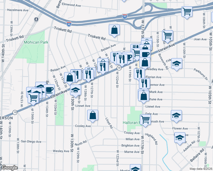 map of restaurants, bars, coffee shops, grocery stores, and more near 3460 West 123rd Street in Cleveland