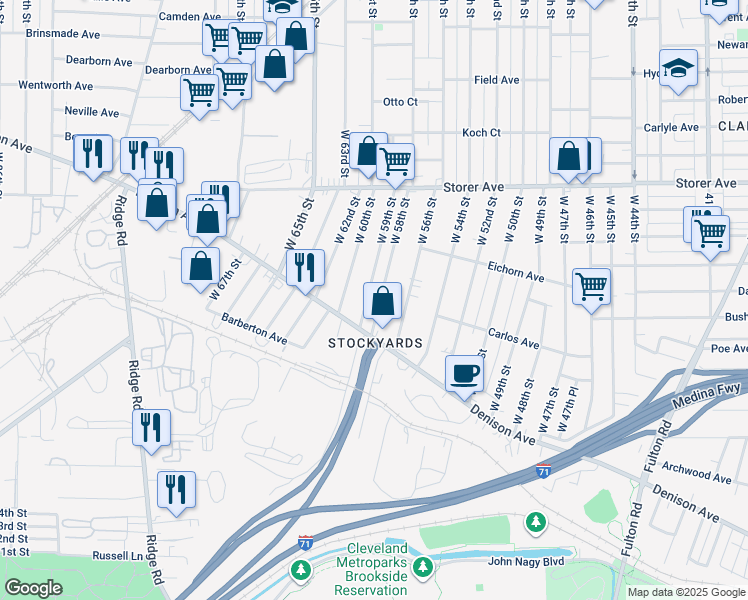 map of restaurants, bars, coffee shops, grocery stores, and more near 3514 West 58th Street in Cleveland